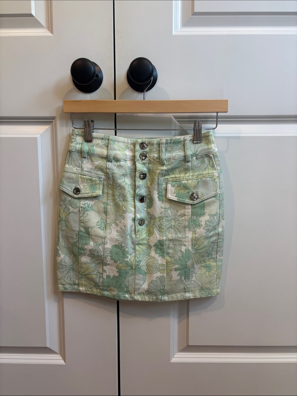 For Love & Lemons Pale Green Floral Button-Front Mini Skirt
